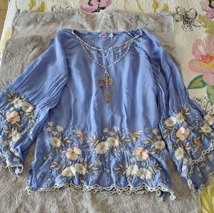 Johnny Was periwinkle lavender bell sleeve embroidered top